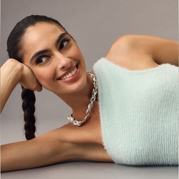 By Anthropologie One-Shoulder Eyelash Sweater Tank Sky Mint Green L NWT - Picture 5 of 13